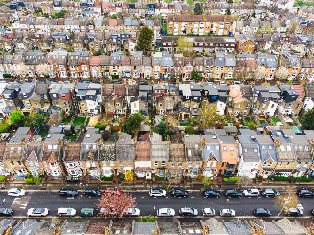 London residential streets and houses from above